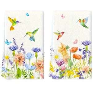 Floral Hummingbird Kitchen Dish Hand Towels, 2pcs